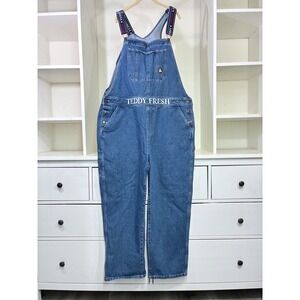 Teddy Fresh Mens 2XL Blue Denim Overalls Logo Embroidered Carpenter Dungarees